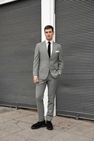 AEK FIORE Erkek Gri Çizgili Takım Elbise