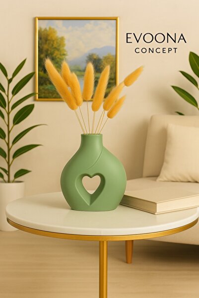 EVOONA CONCEPT Dekoratif Kalp Kesimli Yeşil Taş Tozu Vazo – Modern Ev Aksesuarı