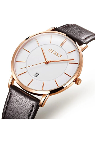 OLEVS Ανδρικό Ρολόι Quartz Αναλογικό Χρονογράφο Μόδας Δέρμα Καφέ Χρυσό