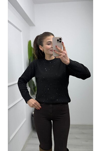 TUNAM BUTİK 4946 Pul Detaylı Yumoş Kazak Siyah