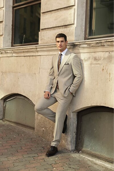 AEK FIORE Erkek Krem Çizgili Takım Elbise