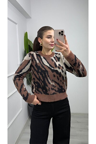 TUNAM BUTİK 5025 Leopard Patterned Soft Knit Sweater Brown Black