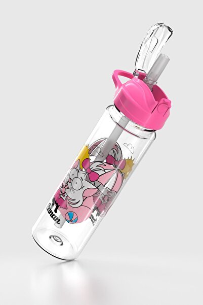Renga Falcon Kral Şakir Canan Patterned 630 ml Tritan Children's Water Bottle with Straw 222031 Pink