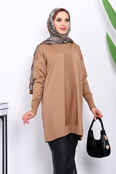 İmajButik Μπισκότο Προεπεξεργασμένο Πλεκτό Πλεκτό Τούνικ με Ψυχρό Νήματα