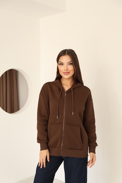 MOVİMENT Brown Oversized Fleece Hooded Sweatshirt with Zipper Detail |   Kangaroo Pocket Long Sleeve Casual Fleece Sweatshirt |   Comfortable Cut Women's Tops