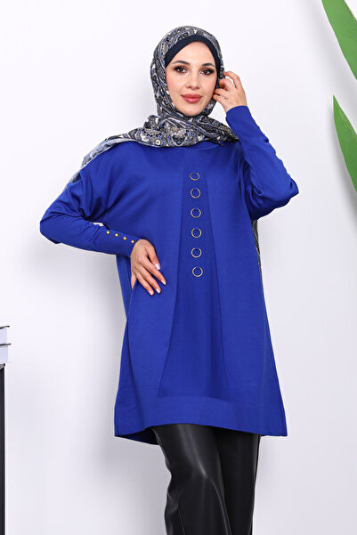 İmajButik Cobalt Blue Cold Yarn Knitwear Tunic with Front Detail