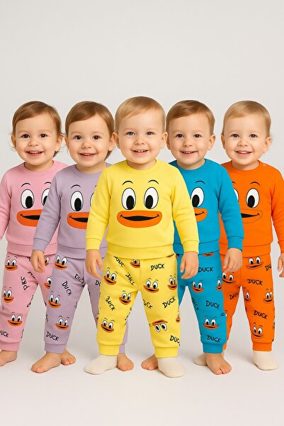 dinamik çocuk Kız/Erkek Bebek Unısex Duck Ördek Desenli 2li Takım Sweatshirt ve Alt 6-9-12-18ay