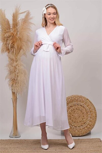 Dipmoda Women White Double-Breasted Neckline Baby Shower Chiffon Maternity Dr...