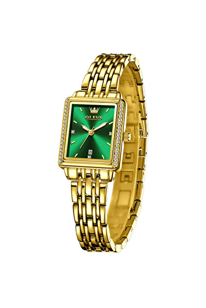 OLEVS Ceas de damă elegant cu mecanism cu cuarț, lux, modă, auriu verde