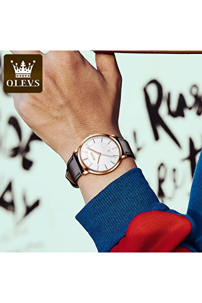 OLEVS Ανδρικό Ρολόι Quartz Αναλογικό Χρονογράφο Μόδας Δέρμα Καφέ Χρυσό