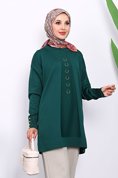 İmajButik Emerald Green Cold Yarn Knitwear Tunic with Front Detail