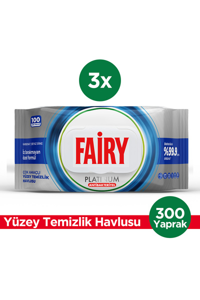 Fairy Platinum Antibakteriyel Yüzey Temizlik Havlusu 100 Yaprak 3 Adet | Beyaz Sirke & Karbonat