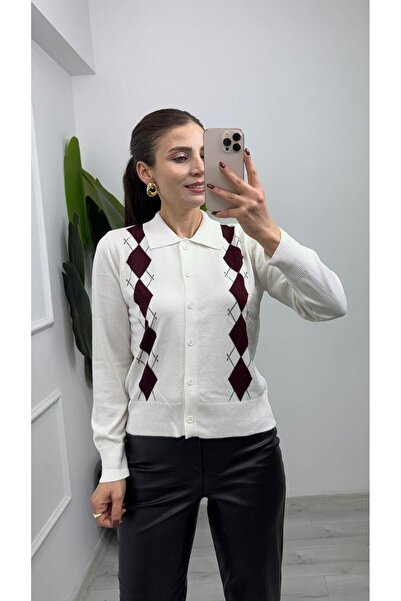 TUNAM BUTİK 5044 Geometric Patterned Thin Knit Cardigan Cream