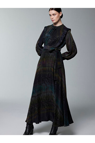 Zühre Kadın Desenli Kuşaklı Tavus Kuşu Elbise E-0516