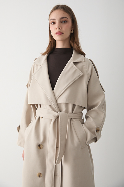 JASTE Kadın Bej Kruvaze Yaka Kuşaklı Uzun Trençkot