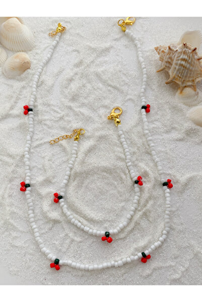 DenEs Life Red and White Cherry Model Necklace Anklet Set of Two