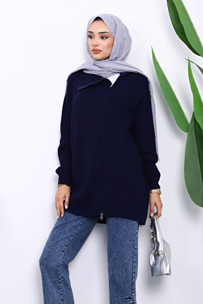 İmajButik Navy Blue Thessaloniki Braided Zippered Knitwear Cardigan