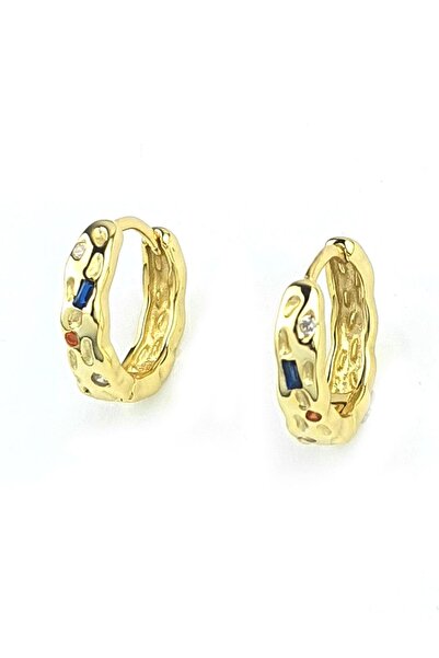 OSESHOP Renkli Zirkon Taş Detaylı Altın Kaplama 925 Ayar Gümüş Halka Küpe