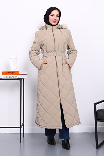 İmajButik Mink Hooded Quilted Long Puffer Coat