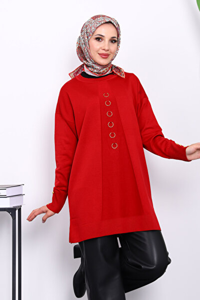 İmajButik Burgundy Cold Yarn Knitwear Tunic with Front Detail
