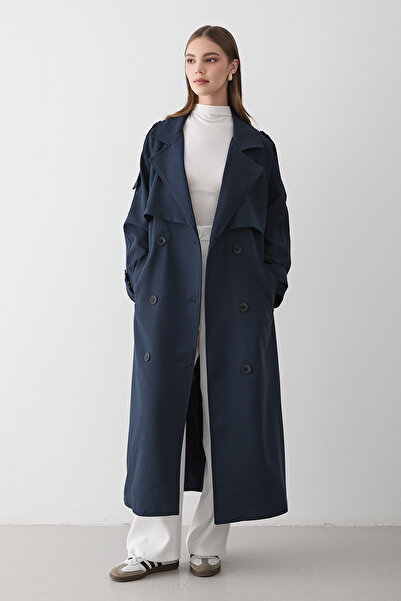 JASTE Kadın Lacivert Kruvaze Yaka Kuşaklı Uzun Trençkot