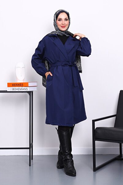 İmajButik Μπλε μπλέ καμπαρντίνα με διπλό γιακά με ζώνη