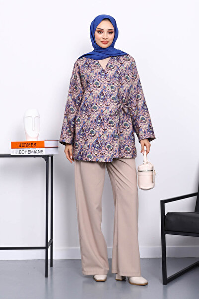 İmajButik İndigo Etnik Desenli Yan Bağlamalı Kimono Ceket