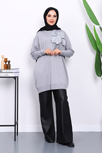 İmajButik Gray Cold Yarn Floral Detailed Knitwear Tunic