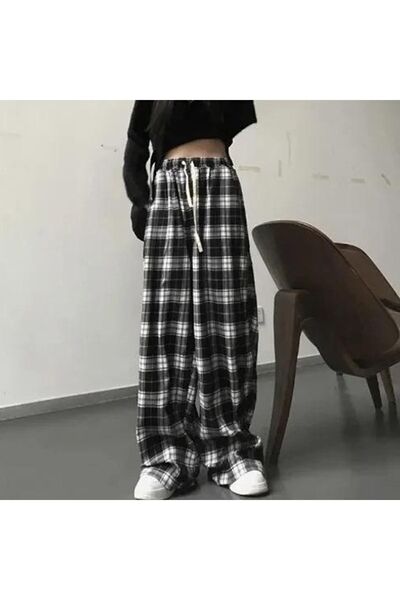 Karakedi Siyah Beyaz Ekose Desen Lastikli Bel Rahat Pantolon