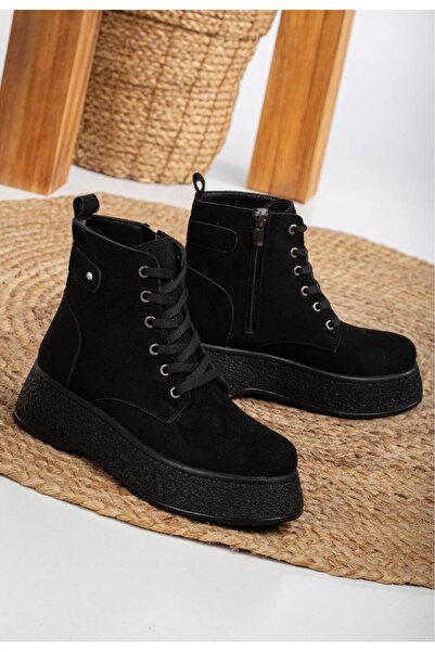 Mc vay Shoes Γυναικείες μπότες 014 μαύρες σουέτ με πέτρα με γούνα εσωτερικά, κομψές ορθοπεδικές μπότες με κορδόνια και φερμουάρ