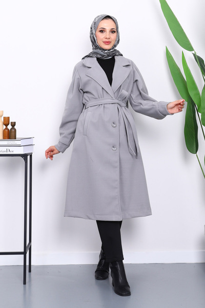 İmajButik Γκρι παλτό με μανίκια με μπαλόνια και ζώνη μέσης