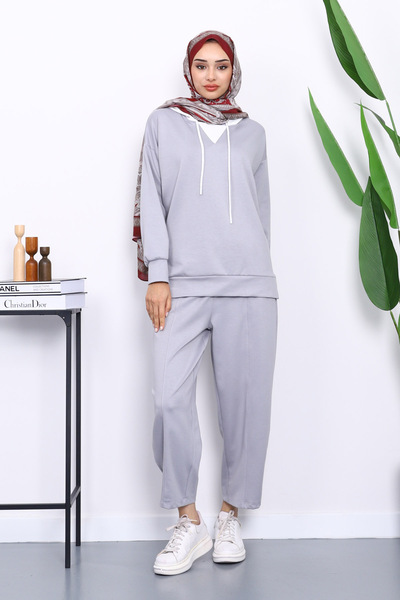 İmajButik Gray Hooded Tunic Pants Set