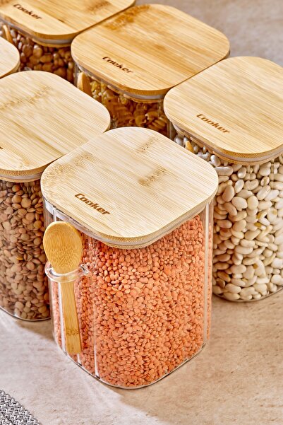 Cooker 6'Lı 1 Litre Bambu Kapaklı Borosilikat Cam Kaşıklı Saklama Kabı Baharat Kavanozu (12x10,2x14,5 Cm)