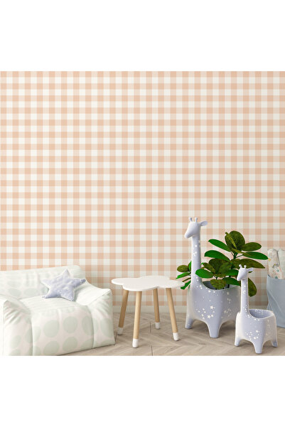 Tasarım Somon Rengi Pötikare Desenli Duvar Kağıdı Poster | Yumuşak Pastel Bebek Çocuk Odası Posteri