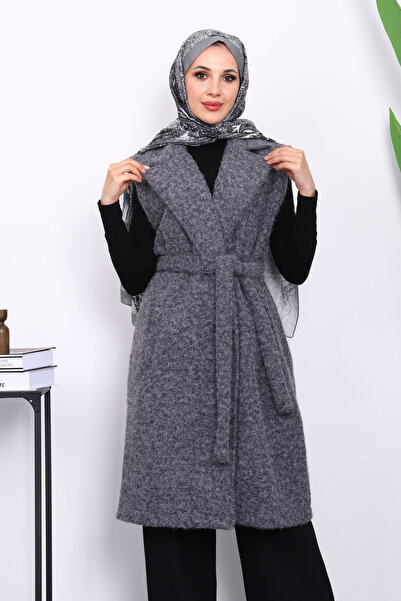 İmajButik Anthracite Double-Breasted Felt Vest with Collar and Belt