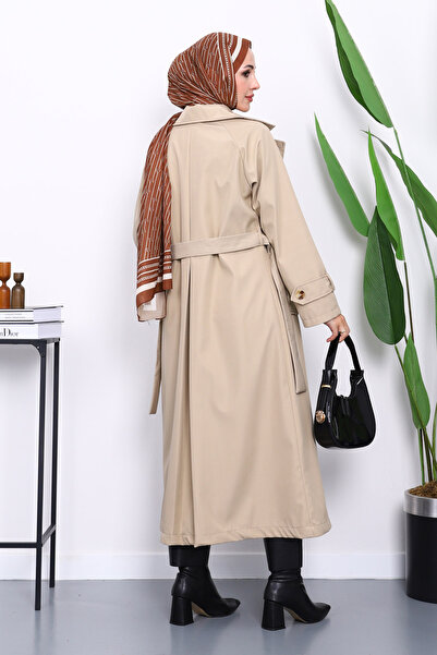 İmajButik Taş Kravuze Yaka Kuşaklı Astarlı Trençkot
