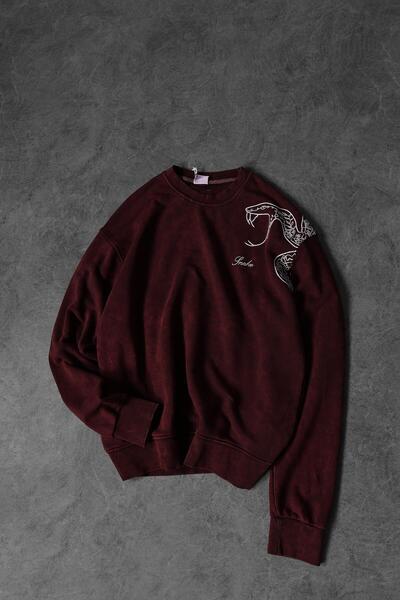 Slatra Erkek Bordo Snake Nakışlı Özel Yıkamalı Oversize Sweatshirt