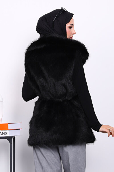 İmajButik Black Lined Belted Fur Vest