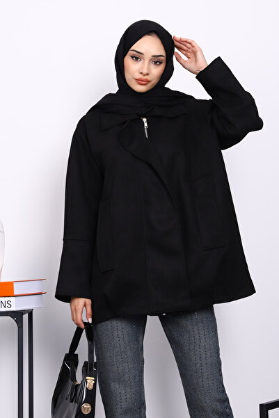 İmajButik Μαύρο σουέτ μπουφάν με oversized φερμουάρ