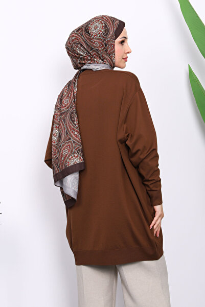 İmajButik Καφέ Πλεκτό Τούνικ με Λεπτομέρεια Λουλουδιών από Ψυχρό Νήματα