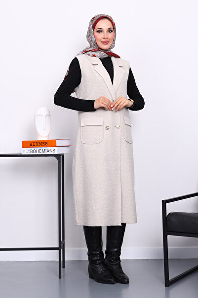 İmajButik Long Boucle Vest with Stone Buttons