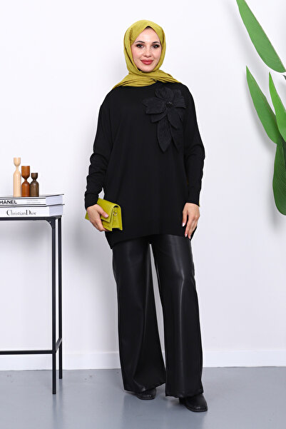 İmajButik Black Cold Yarn Floral Detailed Knitwear Tunic