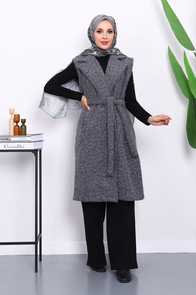 İmajButik Anthracite Double-Breasted Felt Vest with Collar and Belt