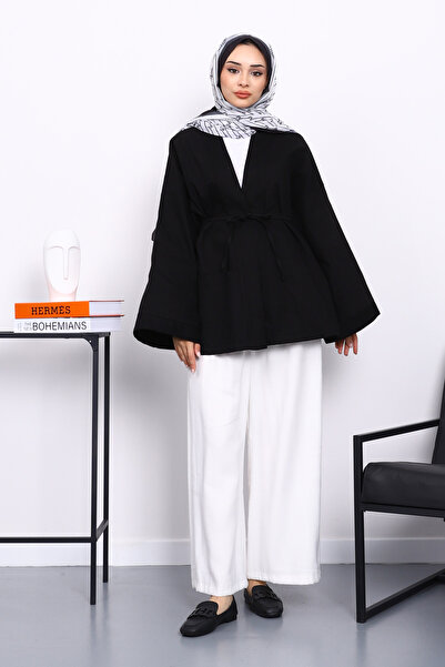 İmajButik Μαύρο παλτό από καμβά με λεπτομέρεια από κορδόνι τσέπης