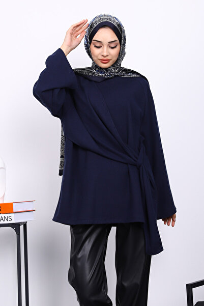 İmajButik Navy Blue Corded Fabric Tunic with Side Shawl