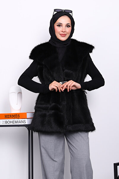 İmajButik Black Lined Belted Fur Vest