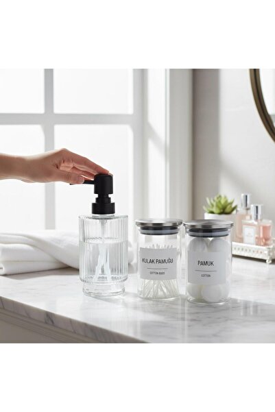 ANJEAHOME Moyale 3-Piece Glass Bathroom Set | 500 ml Soap Dispenser, 300 ml Cotton & Cotton Swab Jar | Organizer Set