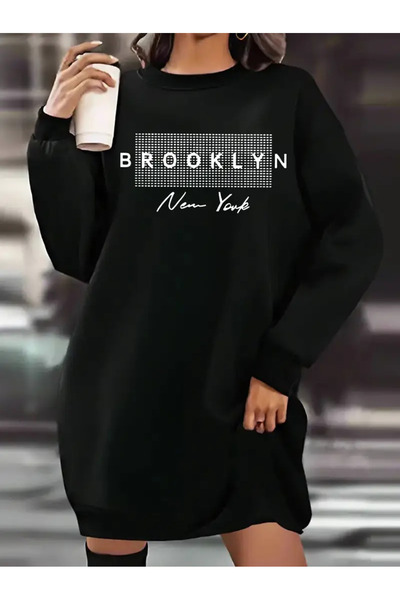 Pink Sky فستان سويت شيرت نسائي من بروكلين نيويورك مطبوع باللون الأسود قصة فضفاضة