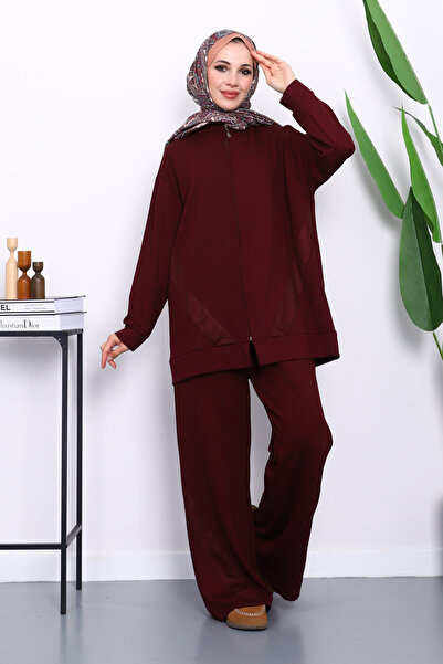 İmajButik Set de pantaloni tunică cu fermoar cu detaliu din plasă burgundă