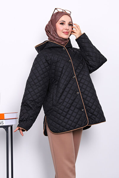 İmajButik Black Hooded Quilted Coat